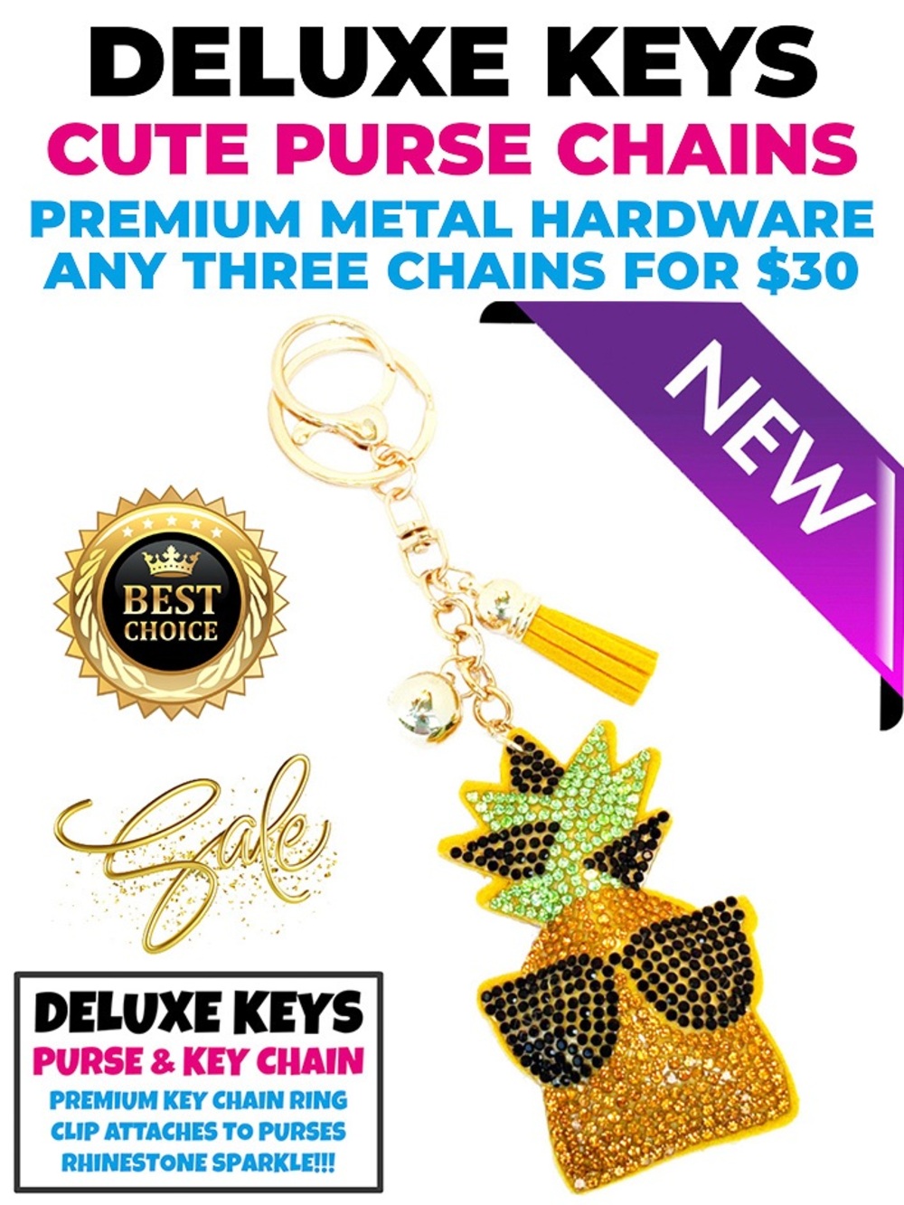 DeLuxe Keys Rhinestone Keychain/Purse Chain BROWN PINEAPPLE WITH SUNGLASSES